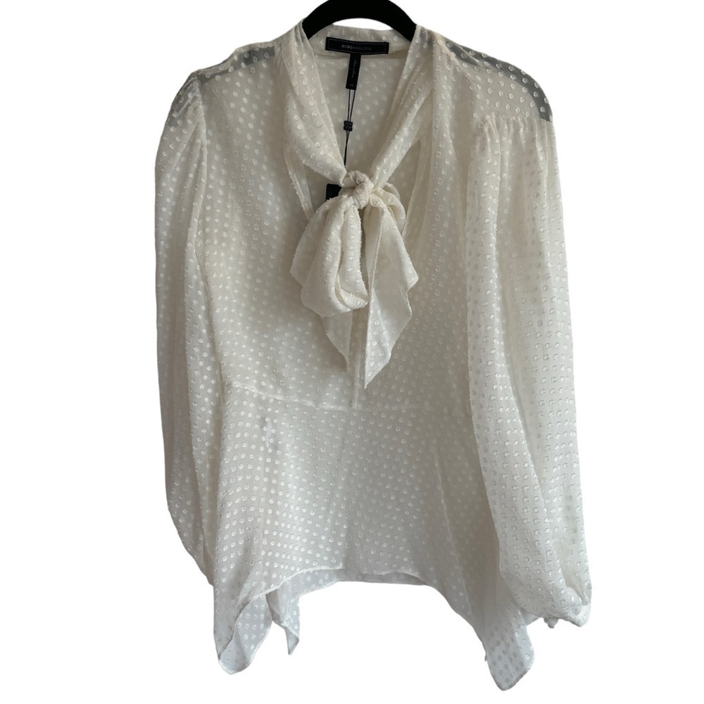 NWT BCBGMaxAzria Sheer Kelleigh Tie Neck Blouse, Size XS - Picture 2 of 7